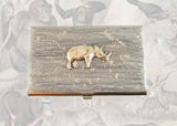 Rhino Business Card Case Inlaid in Hand Painted Silver Enamel Rhinoceros Metal Wallet Personalized and Custom Color Options