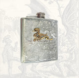 Antique Silver Dragon Flask Inlaid in Hand Painted Gold Swirl Enamel Medieval Inspired Custom Colors and Personalized Options Available