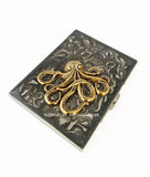 Antique Gold Octopus Cigarette Case Inlaid in Hand Painted Metallic Gray Swirl Design Enamel Nautical Kraken with Personalized Options