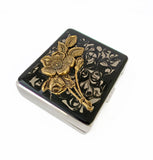 Flower Pill Box with 8 Compartments Inlaid in Hand Painted Black Ink Swirl Enamel Art Nouveau Bouquet Personalize and Color Options