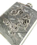 Battling Dragons Flask Inlaid in Hand Painted Silver Swirl Design Game of Thrones Inspired Personalize Engraving and Color Options