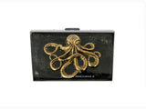 Octopus Credit Card Wallet Inlaid in Hand Painted Black with Siver Splash Enamel Nautical Kraken Design with Personalize and Color Options