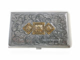 Antique Gold Art Deco Card Case Inlaid in Hand Painted Silver Swirl Enamel Neoclassic Inspired with Personalize Engraving and Color Options