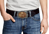 Gear Cog and Sprockets Belt Buckle Inlaid in Hand Painted Metallic Copper Enamel Steampunk Watchwork Design with Color Options