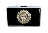 Silver Lions Head Metal Cigarette Case Inlaid in Hand Painted Black Enamel Neoclassic Leo Metal Wallet with Personalized and Color Options