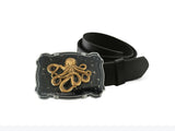 Antique Gold Octopus Belt Buckle Inlaid in Hand Painted Black with Silver Splash Enamel Nautical Fantasy Inspired with Color Options