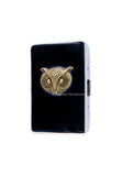 Antique Gold Owl Cigarette Case Inlaid in Hand Painted Glossy Black Onyx Enamel Woodland Bird with Personalize Engraving and Color Options