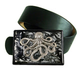 Silver Octopus Belt Buckle Inlaid in Hand Painted Glossy Black Ink Swirl Enamel Neo Victorian Ktaken Inspired Buckle with Color Options