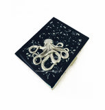 Octopus Metal Cigarette Case Inlaid in Hand Painted Black Ink Swirl Design Enamel Nautical Antique Sterling Silver Plated Kraken