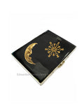 Celestial Cigarette Case Inlaid in Hand Painted Glossy Black Enamel Moon and Starburst Design Personalized and Color Options