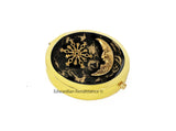 Victorian Pill Box Inlaid in Hand Painted Black with Gold Swirl Enamel Celestial Design Case with a Mirror Personalize and Color Option