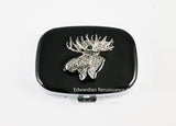 Moose Pill Box Inlaid in Hand Painted Glossy Black Enamel  Neo Victorian Wildlife Design Meds Case Personalize and Color Options