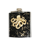 Antique Gold Octopus Flask Neo Victorian Kraken Inlaid in Hand Painted Black with Gold Swirl Enamel with Custom Engraving and Color Options
