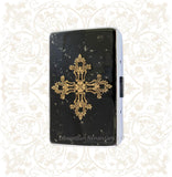 Antique Gold Cross Cigarette Case Inlaid in Hand Painted Enamel Gothic Renaissance Inspired with Color and Personalized Options