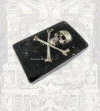 Silver Skull and Crossbones Cigarette Case in Hand Painted Black with Silver Splash Enamel Personalize Engraving and Color Options