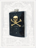 Gold Skull and Crossbones Flask in Hand Painted Black with Silver Splash Enamel 8oz Hip Flask with Personalize Engraving and Color Option