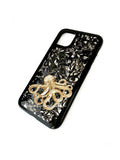 Octopus Iphone Case Inlaid in Hand Painted Black Ink Enamel Neo Victorian Kraken Nautical Design 360 Magnetic Phone Case with Color Option