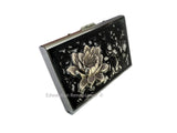 Lotus Flower Wallet Inlaid in Hand Painted Black Swirl Enamel with RFID Blocker Zen Insired Credit Card Case Personalize and Color Options