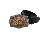 Gear Cog and Sprockets Belt Buckle Inlaid in Hand Painted Metallic Copper Enamel Steampunk Watchwork Design with Color Options