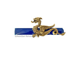 Dragon Tie Clip in Antique Gold Large Slide Tieclip Game of Thrones Inspired Tie Bar Accent Inlaid in Cobalt Blue Glossy Enamel