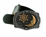 Moon and Star Belt Buckle Inlaid in Hand Painted Black Enamel with SIlver Splash Celestial Design Neo Victorian Inspired With Color Options
