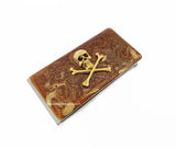 Antique Gold Skull and Crossbones Money Clip Inlaid in Glossy Ox Blood Enamel Gothic Victorian Inspired with Personalized and Color Options