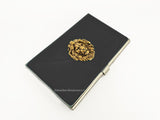 Lions Head Business Card Case Inlaid in Hand Painted Gold Swirl Design Metal Wallet Neo Victorian Leo Personalize and Color Options