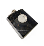 Antique Silver Moon and Stars Flask in Hand Painted Glossy Black with Gold Splash Enamel Vintage Style with Engraving and Color Options