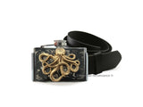 Antique Gold Octopus Flask Belt Buckle Inlaid in Hand Painted Black Ink Swirl Enamel Nautical Inspired 3 oz. Flask with Color Options