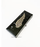 Wing Pill Box with 2 Large Compartments Inlaid in Glossy Black Enamel Renaissance Angel Motif with Personalized and Assorted Color Options