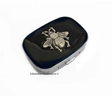 Antique Silver Bee Pill Box Inlaid in Hand Painted Black with Gold Swirl Enamel Gothic Victorian Insect with Personalized and Color Options