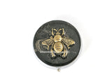 Queen Bee Pill Box Inlaid in Hand Painted Black with Gold Swirl Enamel Art Nouveau Design Round Pill Case Personalize and Color Options