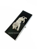 Prowling Lion Pill Box with 2 Large Compartments Inlaid in Glossy Black Enamel Renaissance Leo Motif with Personalized and Color Options