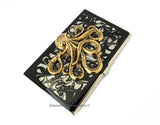 Octopus Business Card Case Inlaid in Hand Painted Black Ink Swirl Enamel Gothic Kraken with Personalize and Color Options