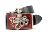 Octopus Flask Belt Buckle Inlaid in Hand Painted Black Silver Splash Enamel Gothic Nautical with Personalized and Color Options Available