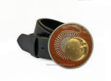 Moon Starburst Round Belt Buckle Inlaid in Hand Painted Glossy Enamel Art Deco Cosmic Design Available in Other Colors