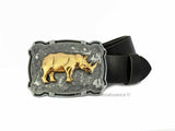 Rhino Belt Buckle inlaid in Hand Painted Black Enamel Neo Victorian Safari Rhinoceros Ornate Buckle with Assorted Color Options