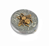 Queen Bee Pill Box Inlaid in Hand Painted Silver Swirl Enamel Art Nouveau Design Round Metal Case with Personalized and Colors Options