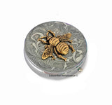 Queen Bee Pill Box Inlaid in Hand Painted Black with Gold Swirl Enamel Art Nouveau Design Round Pill Case Personalize and Color Options