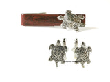 Sea Turtle Cufflinks Antique Silver Nautical Design Art Deco Resort Wear with Tie Pin and Tie Clip Set Options