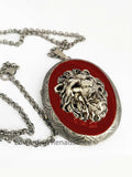 Lion Roar Locket Inlaid in Hand Painted Glossy Ox Blood Enamel Medieval Leo Pill Box Necklace with Personalized and Color Options