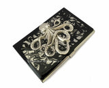 Octopus Business Card Case Inlaid in Hand Painted Black Ink Swirl Enamel Gothic Kraken with Personalize and Color Options
