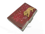 Antique Gold Prowling Lion Large Business Card Case Inlaid in Ox Blood Swirl Design Enamel Leo Design with Color and Personalized Options