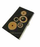 Gear and Cog Card Case Inlaid in Hand Painted Black Enamel Card Case Industrial Style with Personalized and Color Option Available