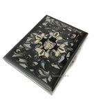 Cross Design with Tiger Cigarette Case Inlaid in Hand Painted Black Ink Swirl Enamel Gothic Victorian with Personalized and Color Options