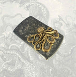Octopus Business Card Case with Slide Out Mechanism Vertical Style Kraken Nautical Motif Inlaid in Hand Painted Gray Swirl Enamel