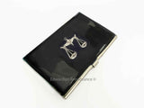 Libra Business Card Case Inlaid in Hand Painted Black Enamel Zodiac Scales Design with Personalized and Color Options