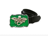Cthulhu Belt Buckle Inlaid in Hand Painted Green Enamel Gothic Victorian Motif with Color Options and Belt Straps Available