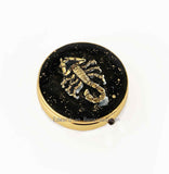 Scorpio Pill Box Inlaid in Hand Painted Glossy Black with Gold Splash Enamel Neo Victorian Zodiac Inspired Personalized and Color Options