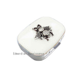 Queen Bee Pill Box Inlaid in Hand Painted White Enamel Gothic Victorian Insect with Personalized and Color Options Available